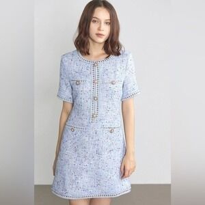 NWT J. ING Librada Blue Tweed Button Short Sleeve Pockets Mini Dress Women's S